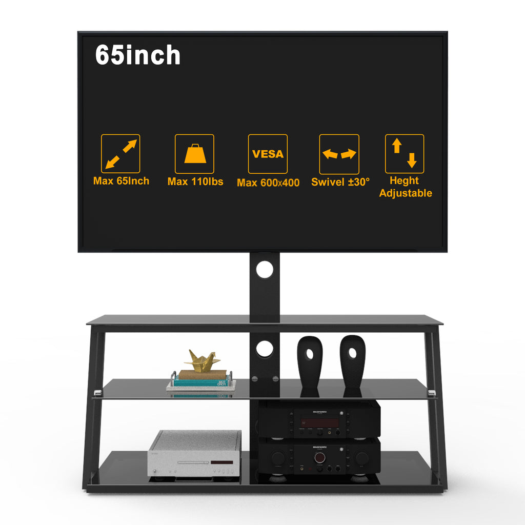 Black TV stand glass shelf thickness detail