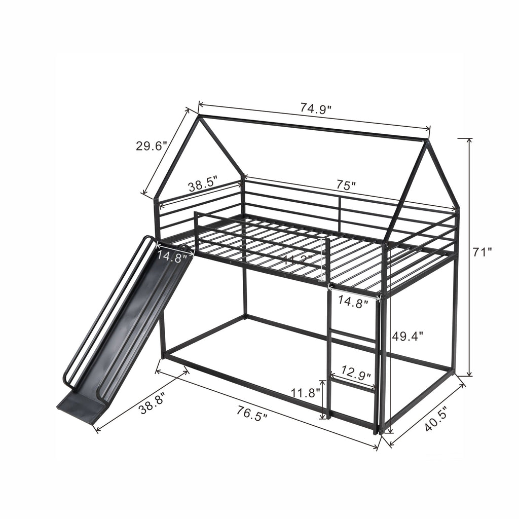Twin-over-Twin House Bunk Bed with Slide & Ladder — Metal Frame