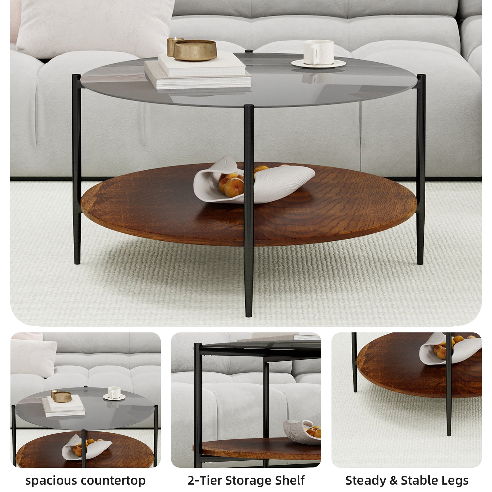 Round coffee table black metal H-shape leg base detail