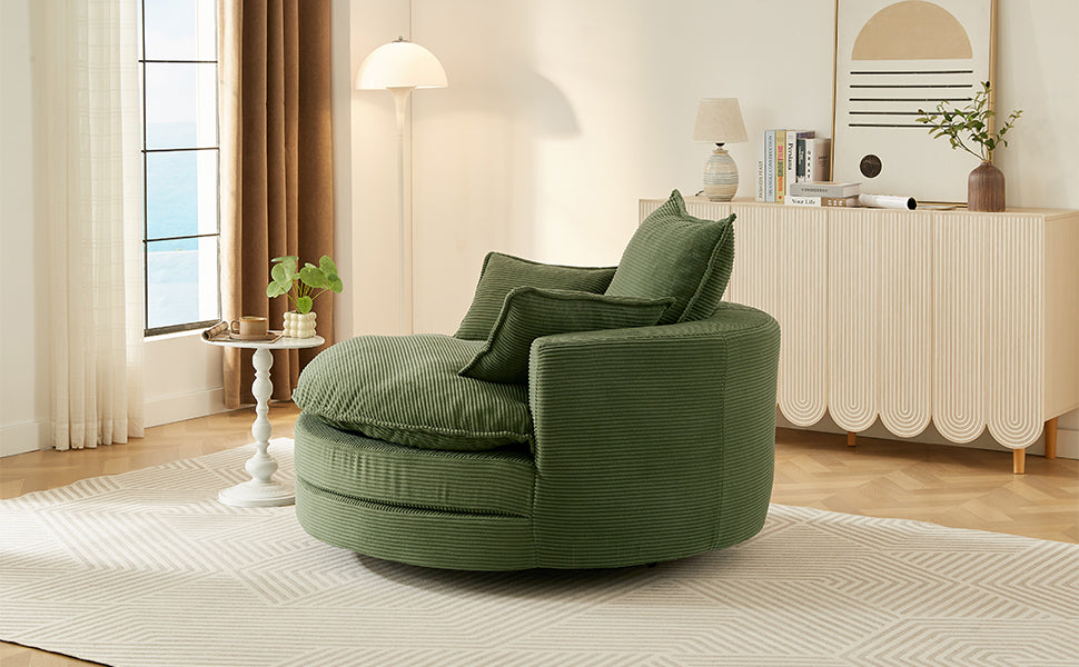 Corduroy Swivel Barrel Chair — 360° with Removable Pillows