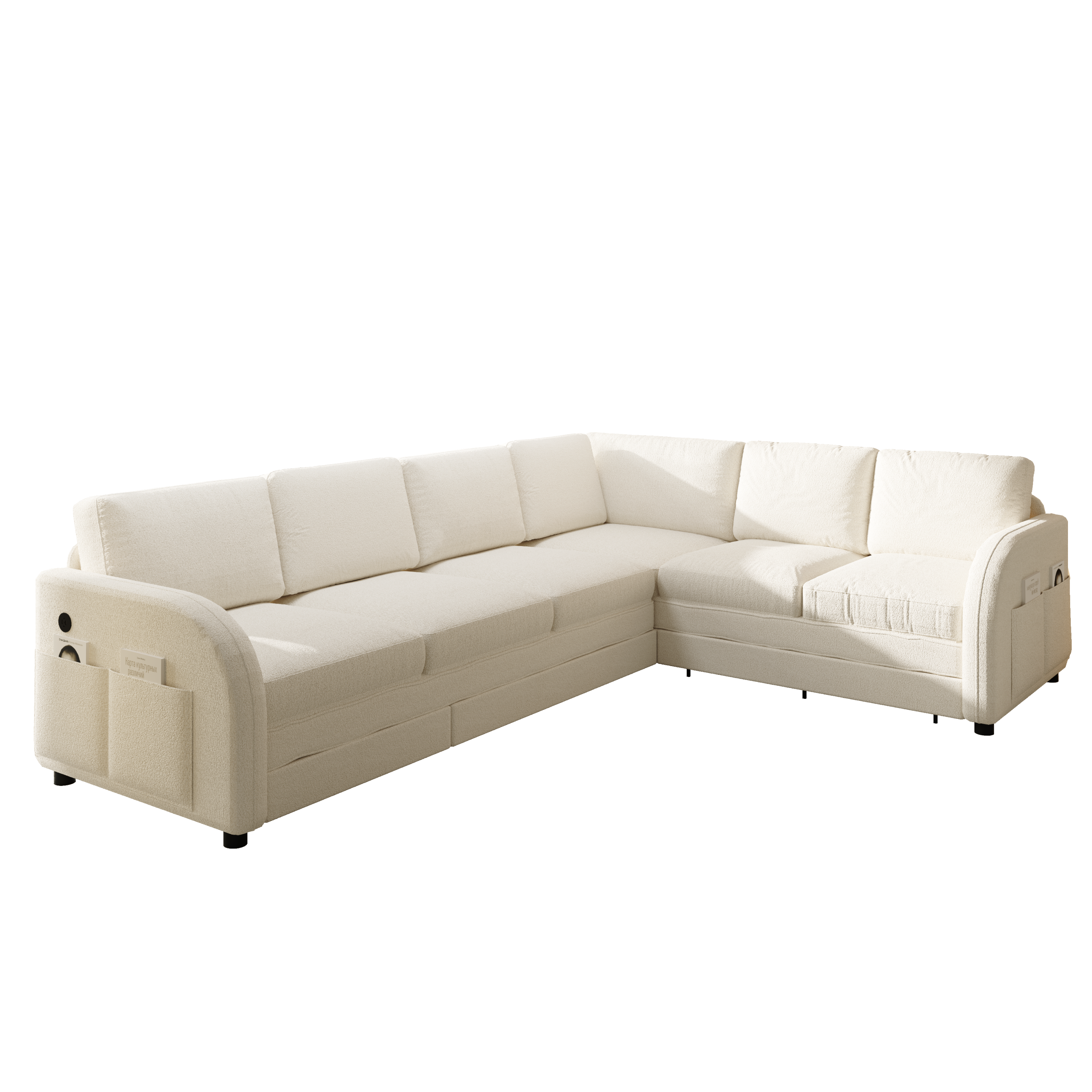 115.2' L-Shaped Sofa Couch with Pull-Out Bed,Oversize Convertible Sleeper Sofa with side Pocket & USB Port,Teddy Upholstered Sectional Couches with Convert Left/Right Facing, Light Grey