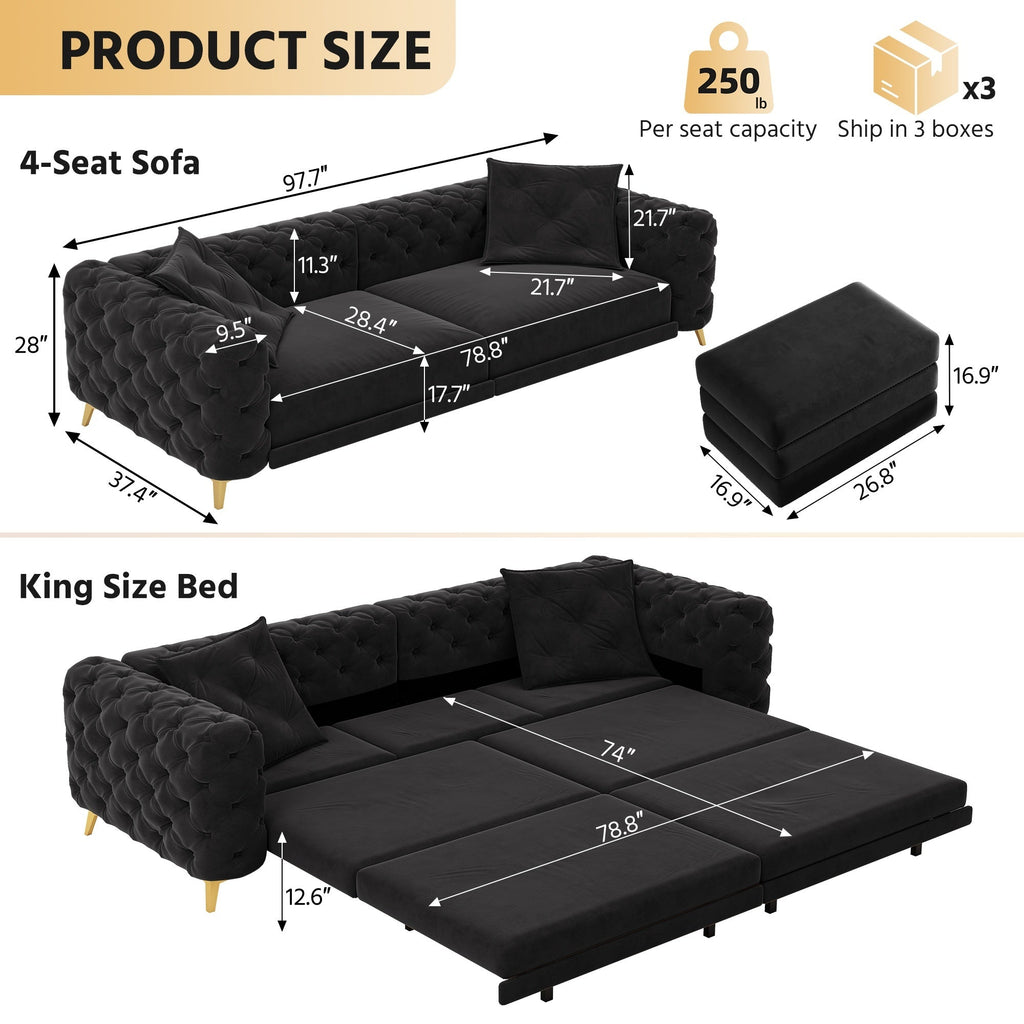 97.7' 3-in-1 Convertible Sleeper Sofa, 28.4' Deep Seat Pull Out Sofa Bed,Button Tufted Modern Sofa, 4-Seater Couch with Movable Ottoman for Apartment, Office, Bedroom,Beige/White