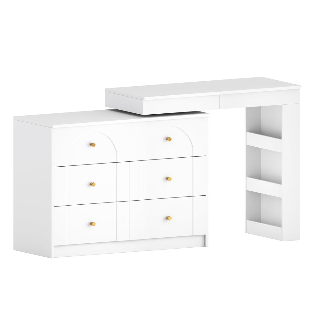 Vanity Desk with Mirror and Lights, Makeup Vanity Table with Flip-Top Tabletop and Storage 7 Drawers, 9 Compartments, 3 Shelves, 3 Color Modes Adjustable Makeup Table for Bedroom, Walnut (N733P279096)