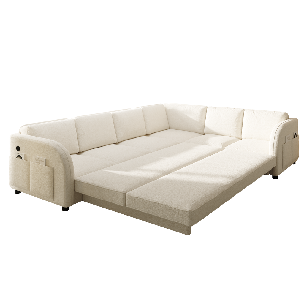 115.2' L-Shaped Sofa Couch with Pull-Out Bed,Oversize Convertible Sleeper Sofa with side Pocket & USB Port,Teddy Upholstered Sectional Couches with Convert Left/Right Facing, Light Grey