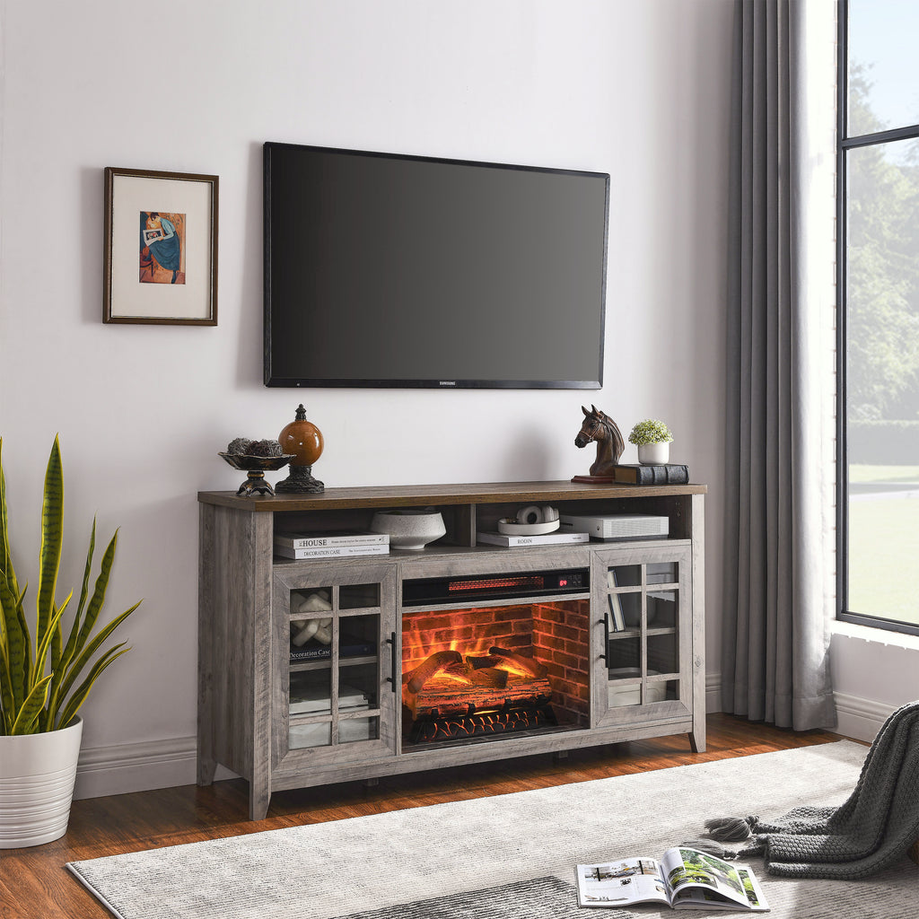55-inch gray wash media console with built-in electric fireplace