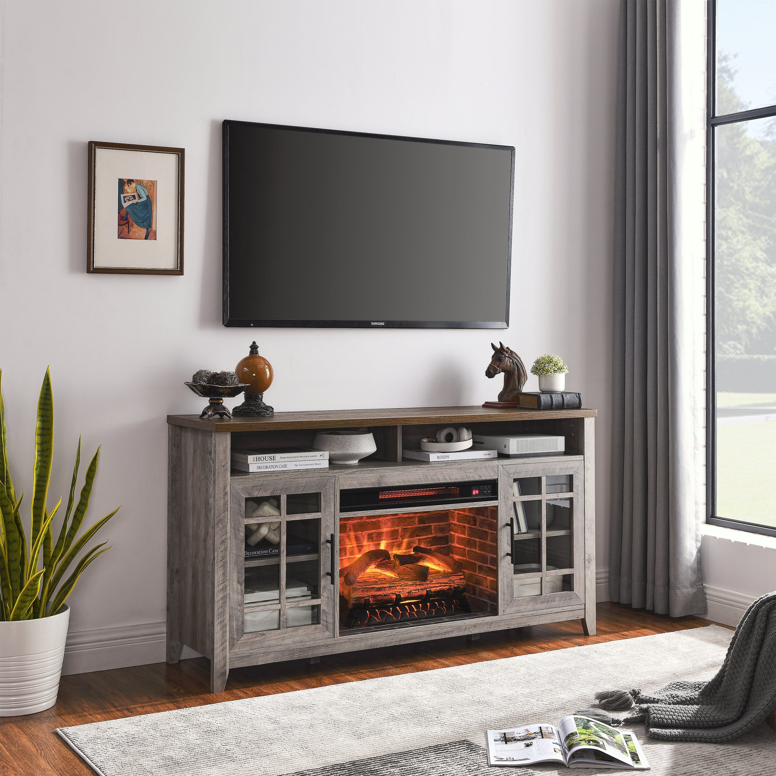 55-inch gray wash media console with built-in electric fireplace