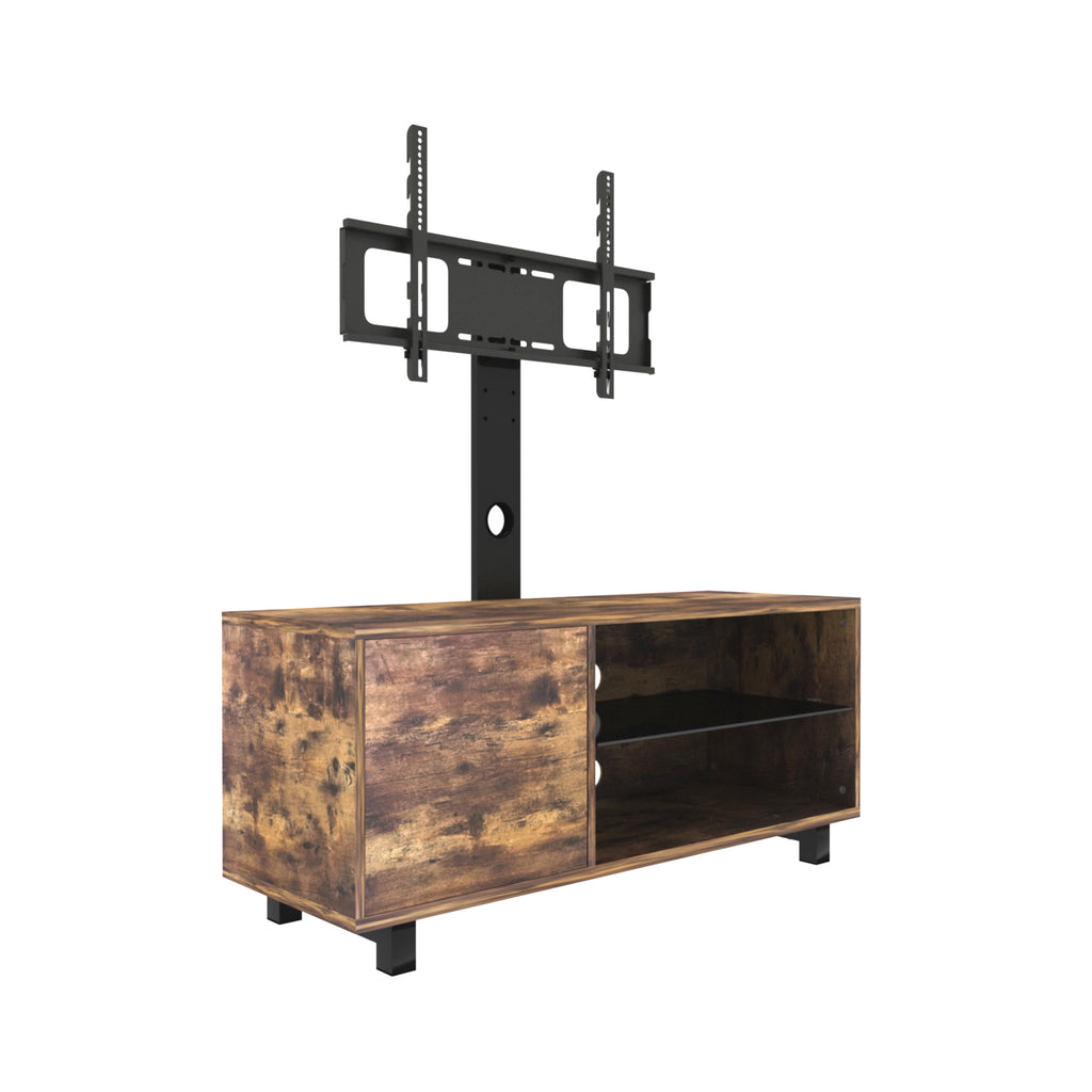 Rustic brown TV console with push-to-open storage cabinet — front view