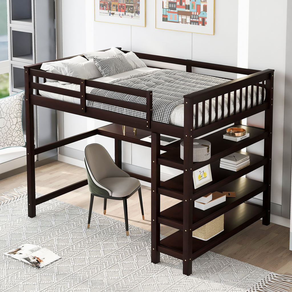 Espresso loft bed side profile with ladder shelves