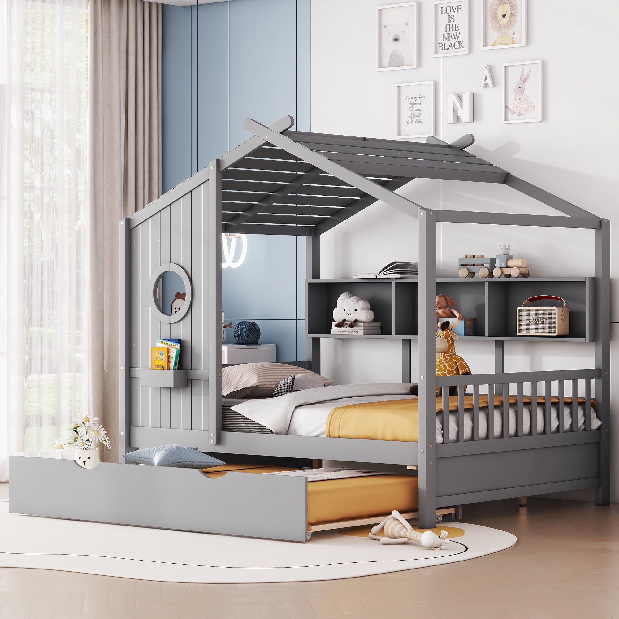 Wooden Full Size House Bed With Trundle, Modern Design for Kids with Storage Shlef, Gray(old SKU HL000095AAE)
