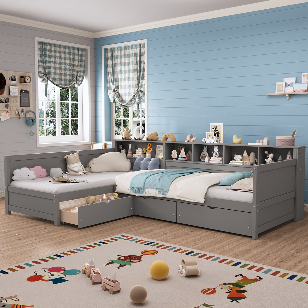 Twin Size Day Bed for 2, L- Shape Twin Size Bed Frame with Storage 3 Drawers, Wooden Corner Bed with Bookshelf, Corner Bed Frame For Bedroom, Living Room,Grey