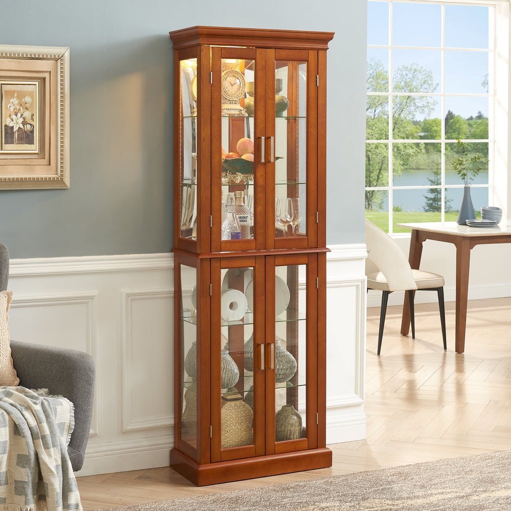 Walnut china cabinet tempered glass doors crown molding detail