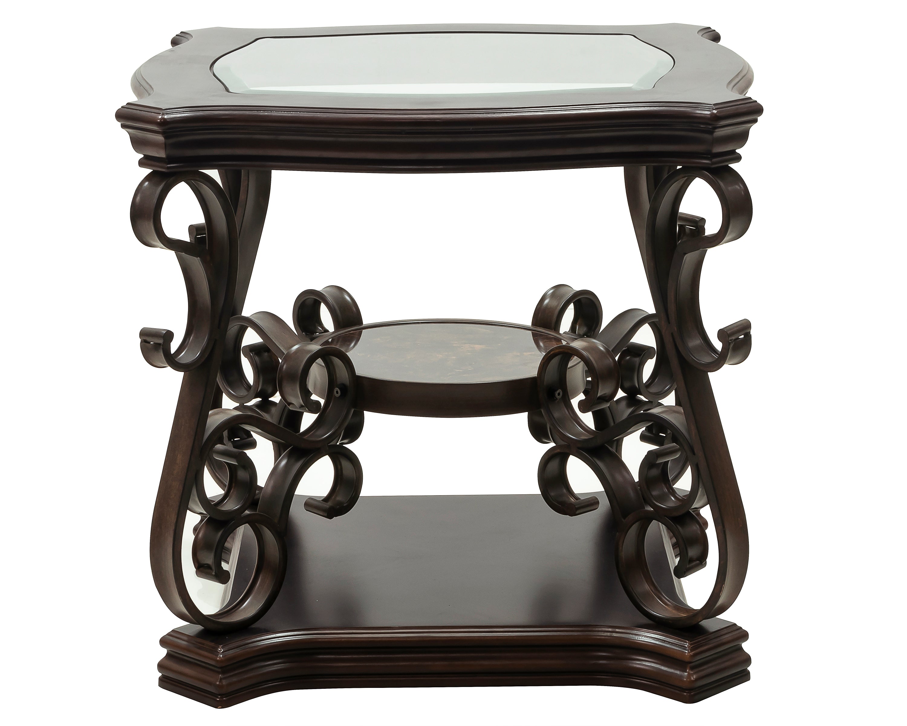Brown square side table beveled glass top full view