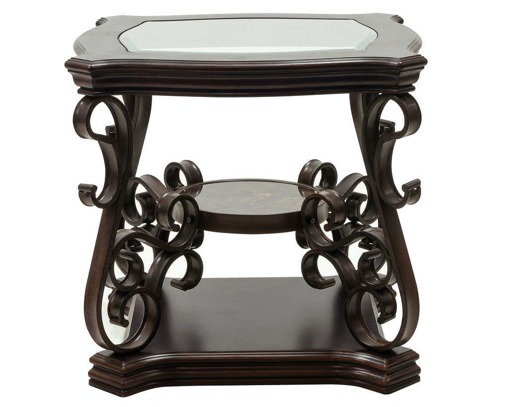 Square end table tempered glass top edge close-up
