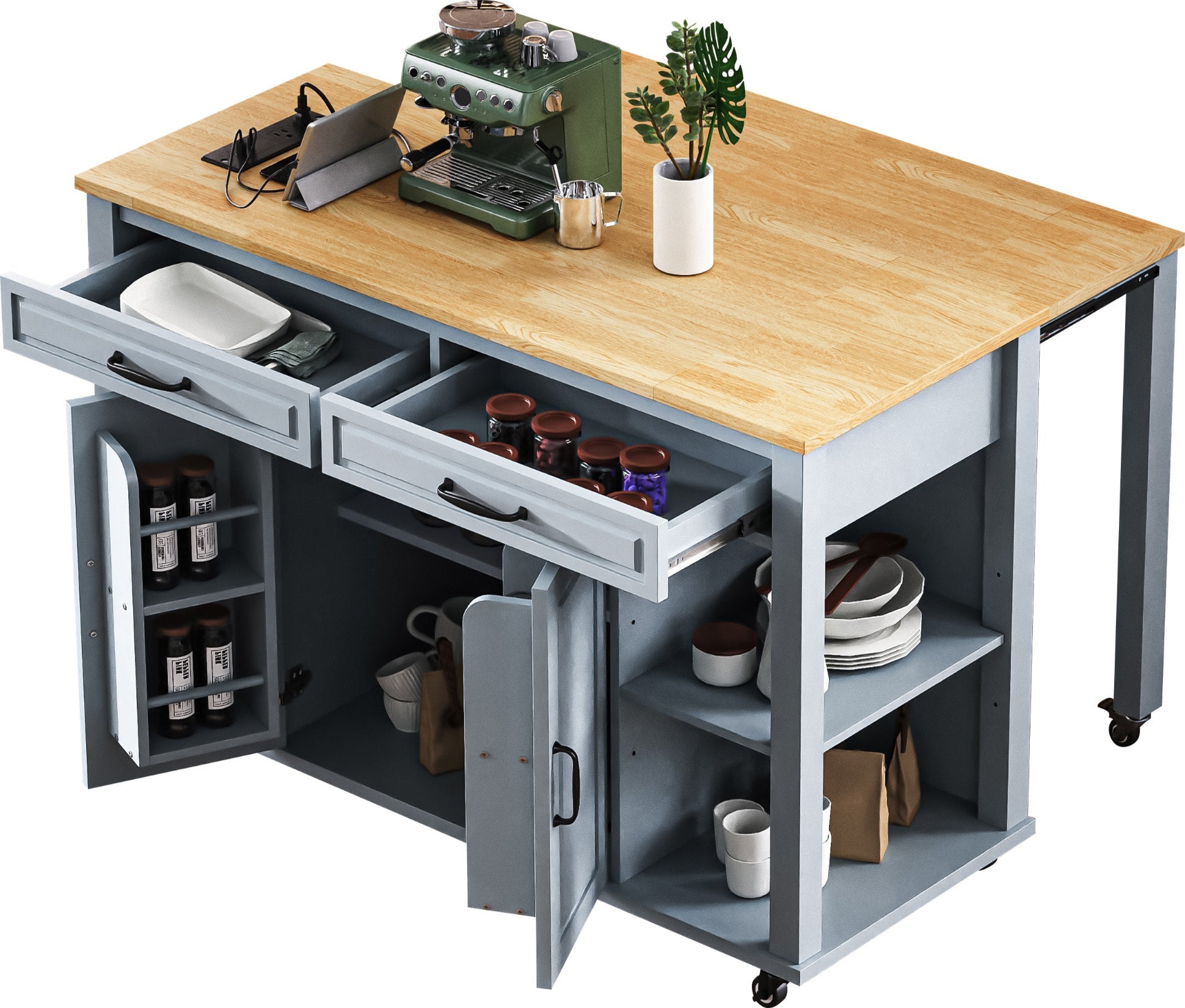 K&K 47 inch Kitchen Island with Extendable Dining Table, Rubber Wood Veneer Kitchen Table with Internal Storage Rack, Power Outlet, Kitchen island with Storage 2 Drawers 2 Cabinet, Black