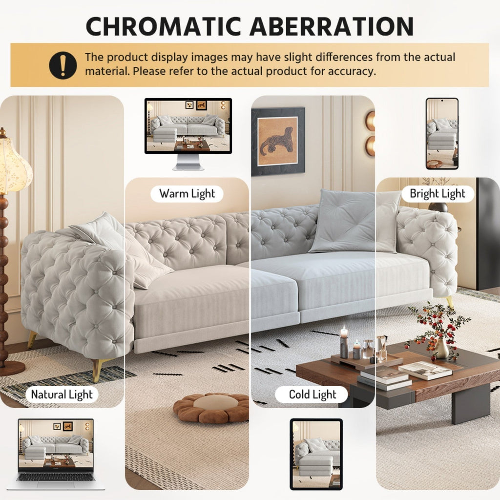 97.7' 3-in-1 Convertible Sleeper Sofa, 28.4' Deep Seat Pull Out Sofa Bed,Button Tufted Modern Sofa, 4-Seater Couch with Movable Ottoman for Apartment, Office, Bedroom,Beige/White