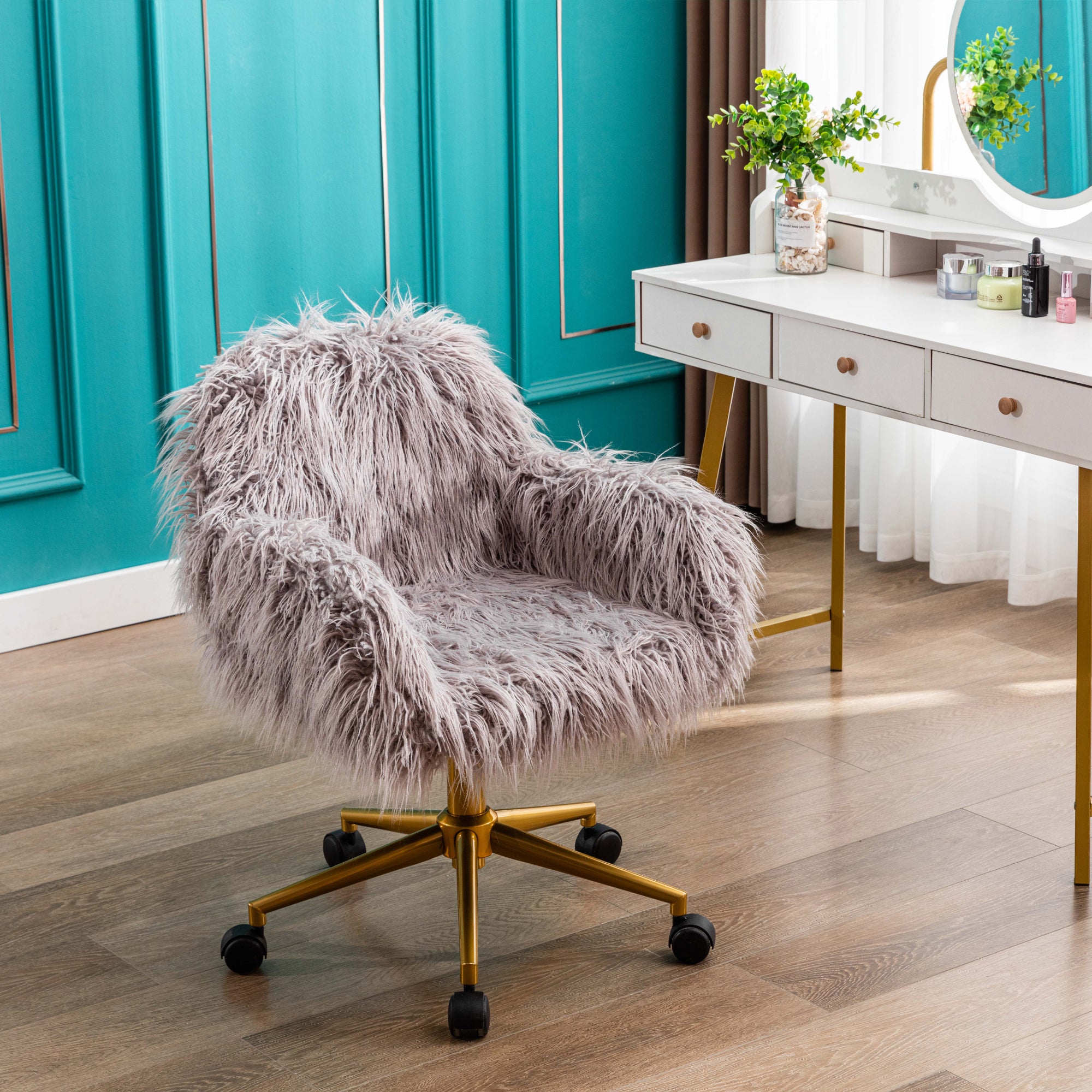 Gray faux fur office chair with gold chrome base — front view