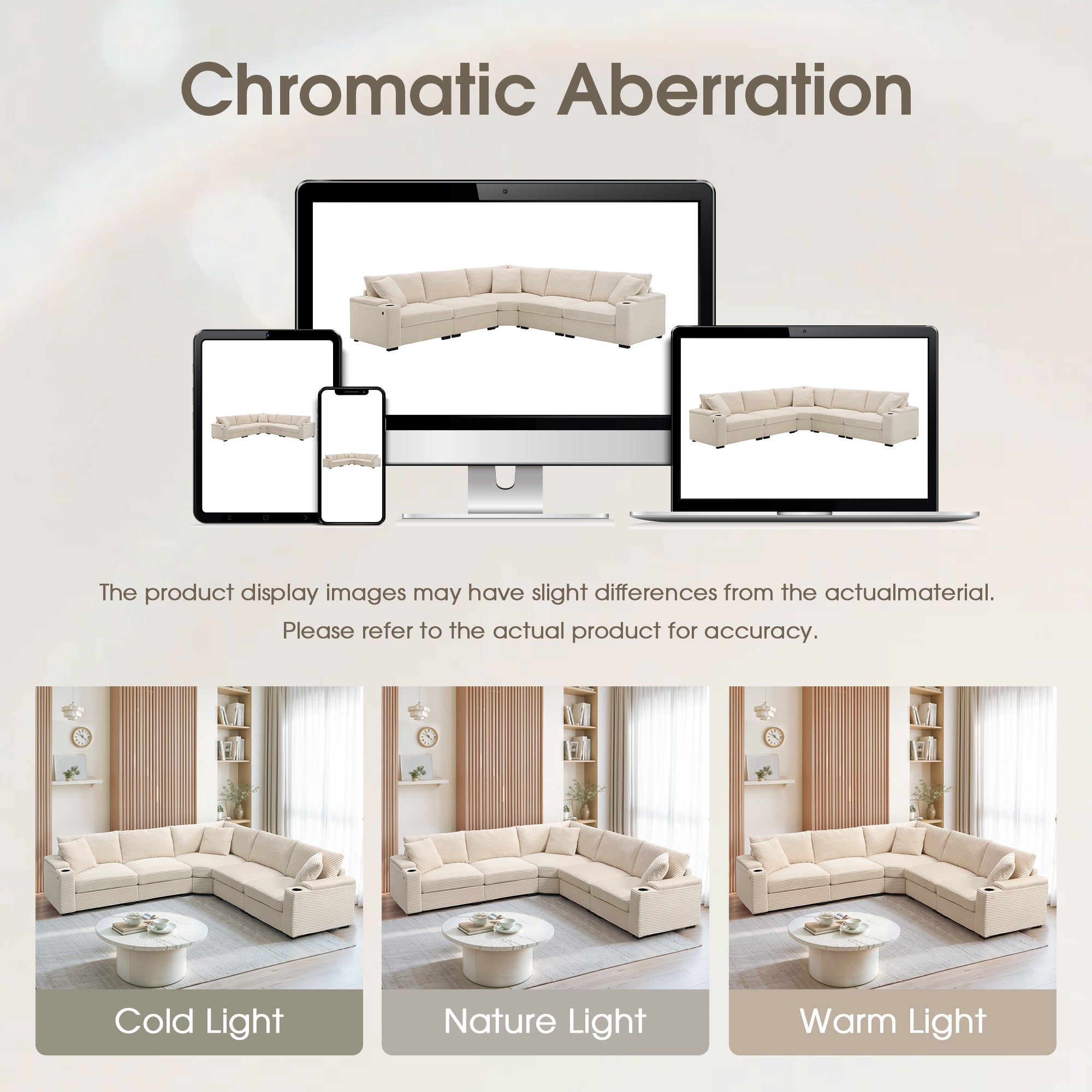 Beige corduroy sectional sofa with matching throw pillows