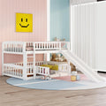 White full-over-full low bunk bed with slide — front view