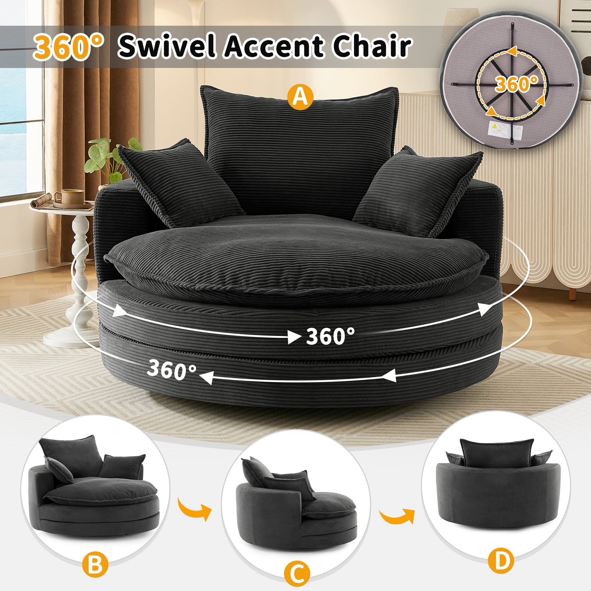Swivel accent chair with removable pillows