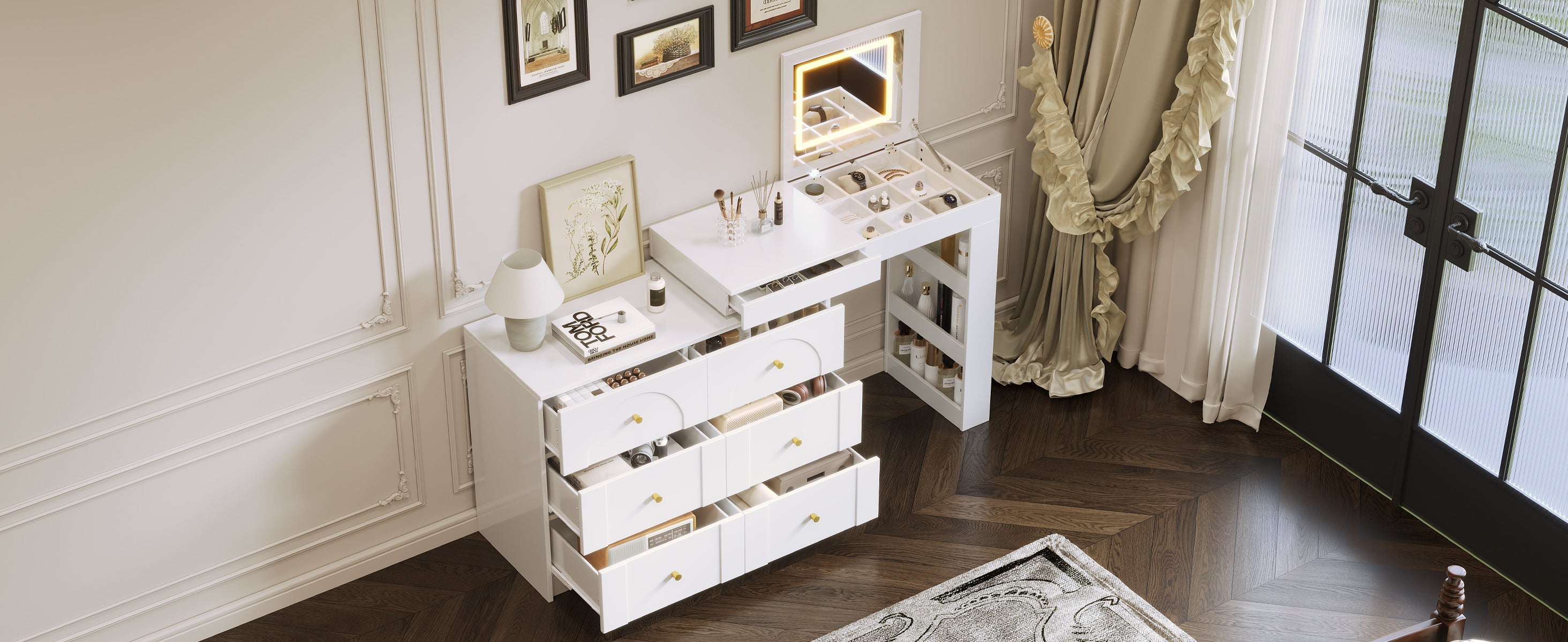 Vanity Desk with Mirror and Lights, Makeup Vanity Table with Flip-Top Tabletop and Storage 7 Drawers, 9 Compartments, 3 Shelves, 3 Color Modes Adjustable Makeup Table for Bedroom, Walnut (N733P279096)