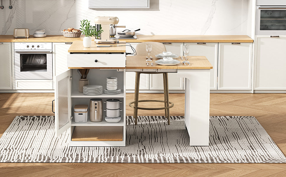 K&K 59.5' Kitchen Island with Extendable Dining Table, Kitchen Storage Table with Double-sided Storage, Kitchen Island with 2 Drawers, Power Outlet, Side Open Shelves, for Kitchen, Dining Room, Black