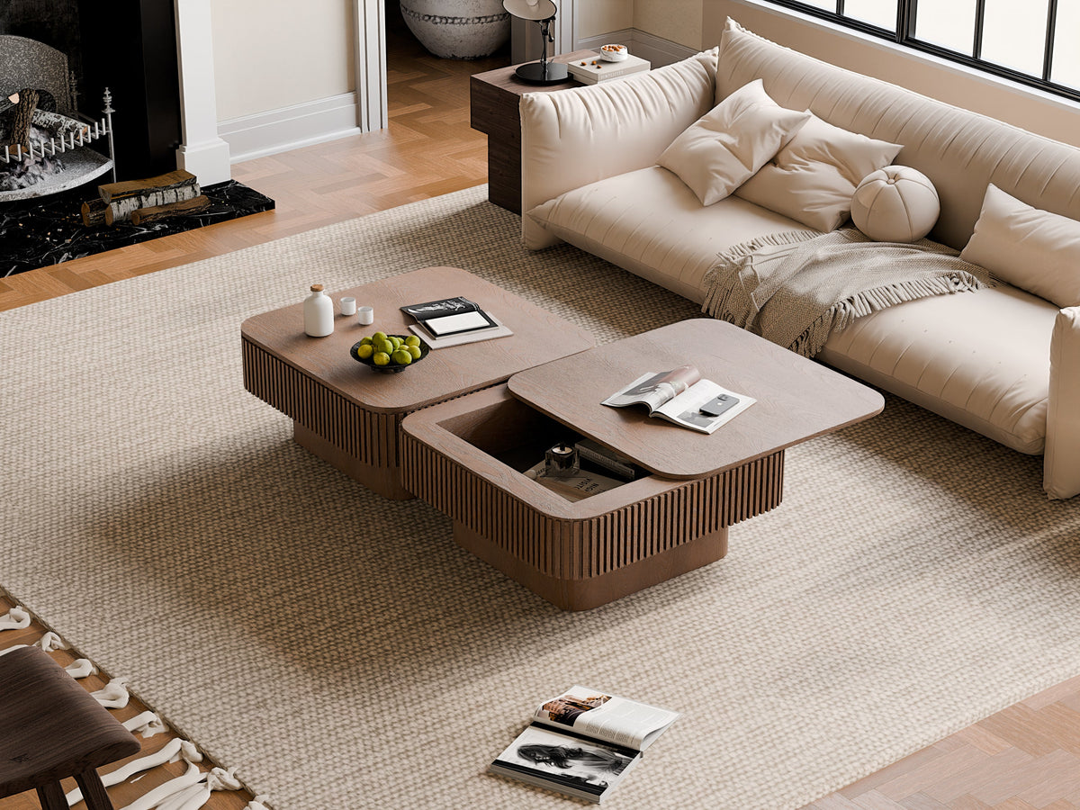 31.5'' Square Coffee Table with Storage Solid Wood Veneered Modern Coffee Table Accent Tea Table for Living Room, Bedroom, Apartment or Office, Natural Wood