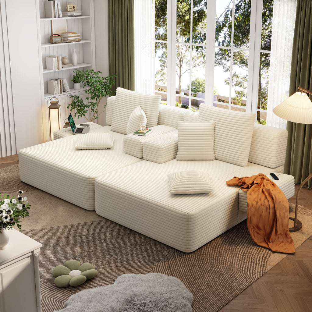 Oversized Double Plush Corduroy Chaise Lounge Sofa Bed,Convertible Sleeper Couch Bed w/ Storage Pockets,3 Soft Pillows,Multi-Functional Frameless Sofa Couch for Apartment,Home Theater,Dorm,Beige/White