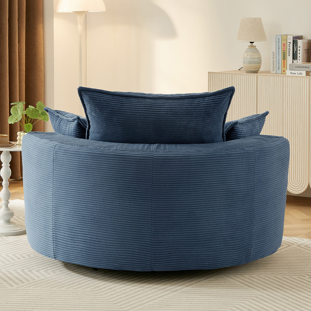 Navy blue corduroy accent chair deep seat cushion detail