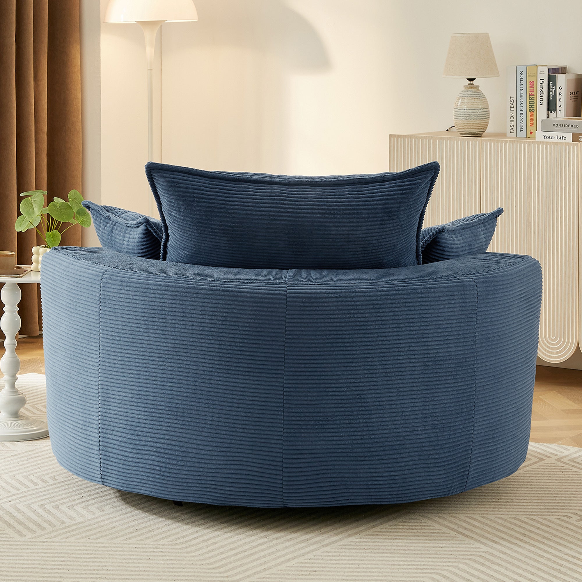Navy blue corduroy accent chair deep seat cushion detail