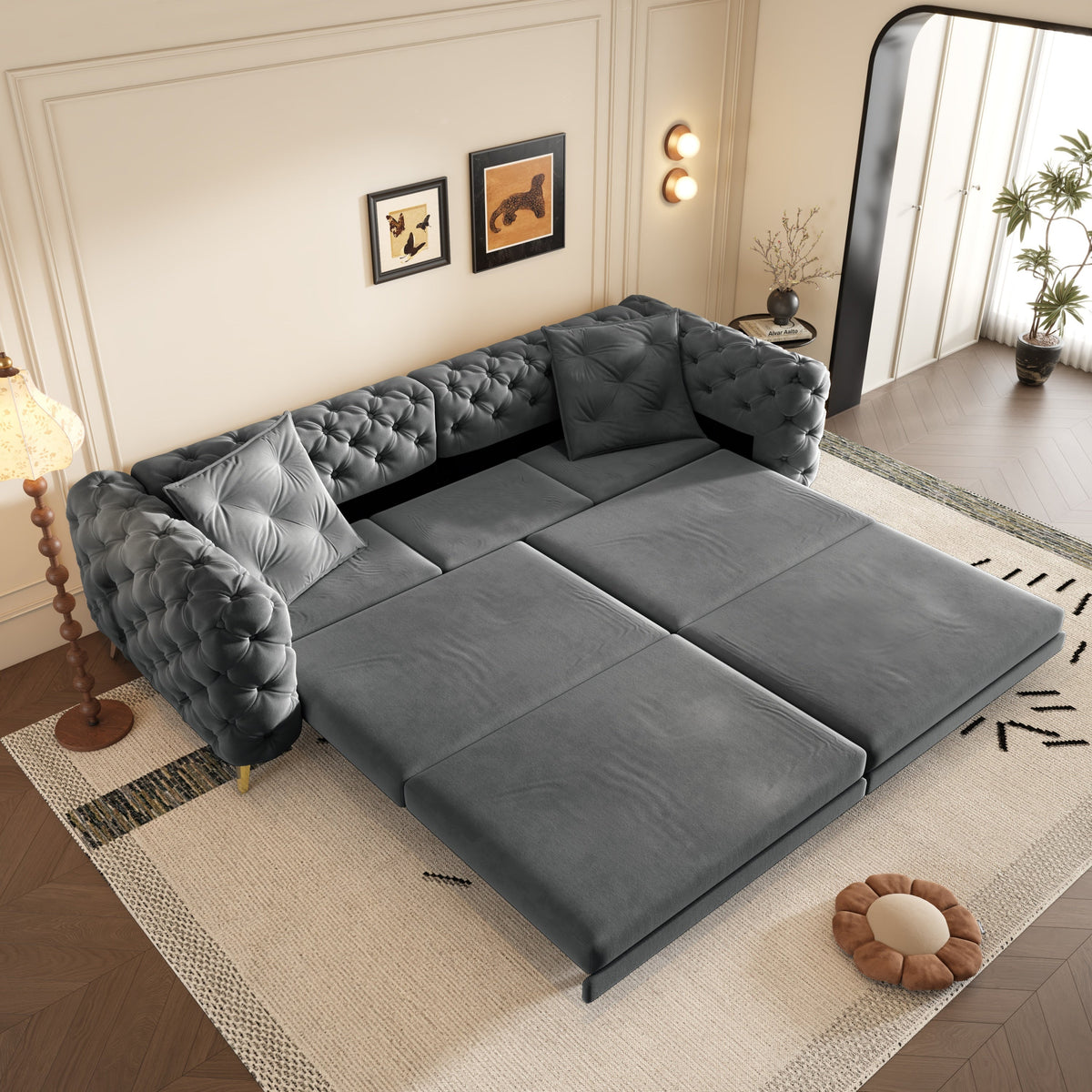 97.7' 3-in-1 Convertible Sleeper Sofa, 28.4' Deep Seat Pull Out Sofa Bed,Button Tufted Modern Sofa, 4-Seater Couch with Movable Ottoman for Apartment, Office, Bedroom,Beige/White