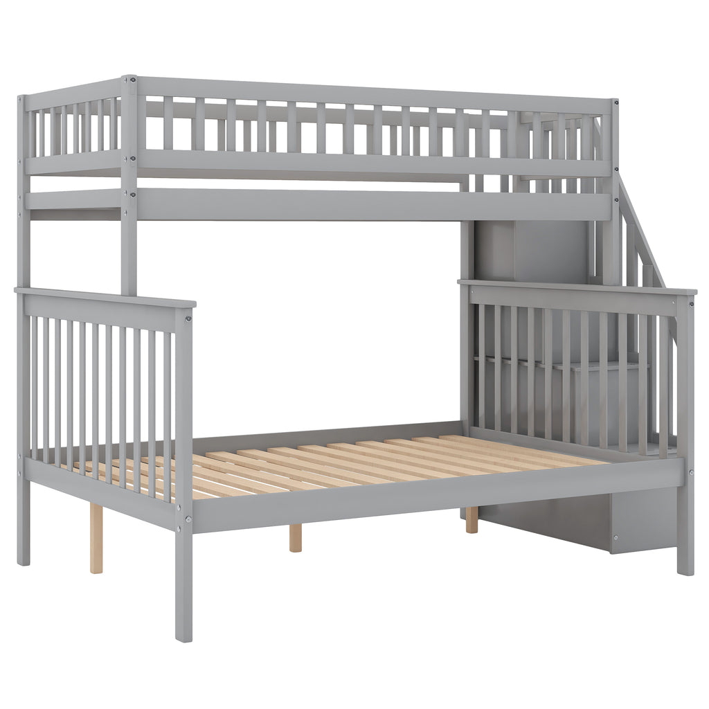 Gray twin over full stairway bunk bed with side shelves — front view
