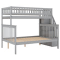 Gray twin over full stairway bunk bed with side shelves — front view