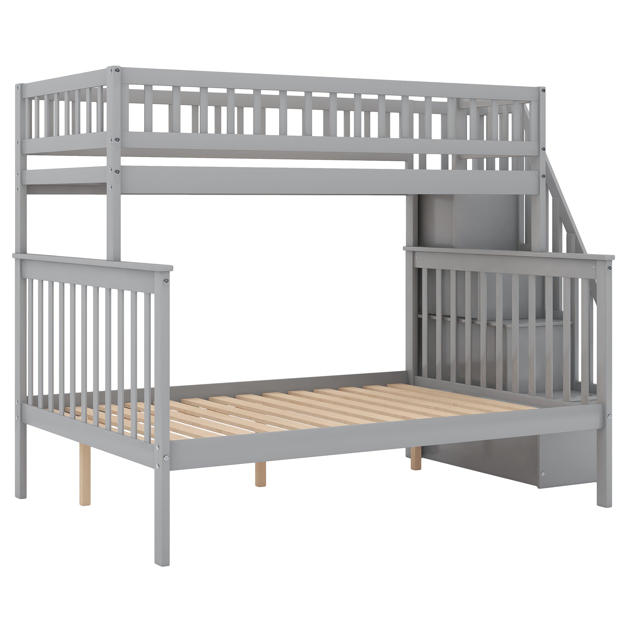 Gray twin over full stairway bunk bed with side shelves — front view