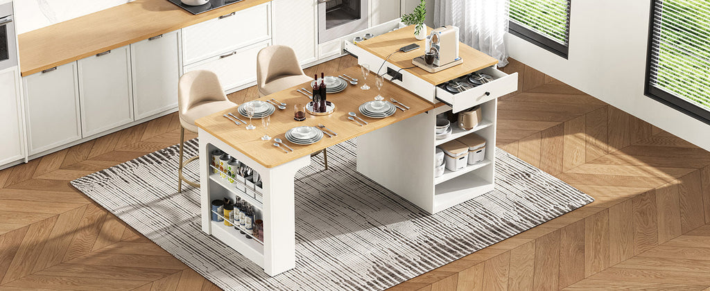 K&K 59.5' Kitchen Island with Extendable Dining Table, Kitchen Storage Table with Double-sided Storage, Kitchen Island with 2 Drawers, Power Outlet, Side Open Shelves, for Kitchen, Dining Room, Black