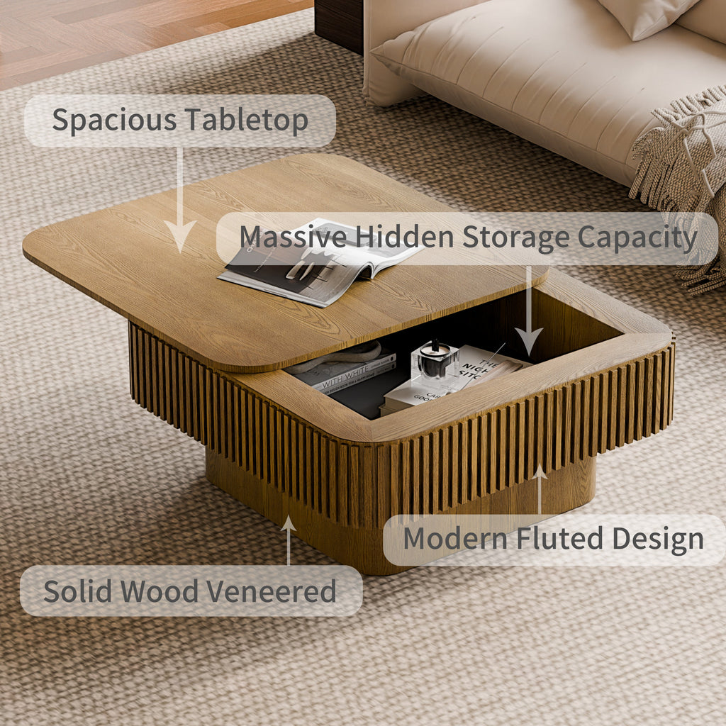 31.5'' Square Coffee Table with Storage Solid Wood Veneered Modern Coffee Table Accent Tea Table for Living Room, Bedroom, Apartment or Office, Natural Wood