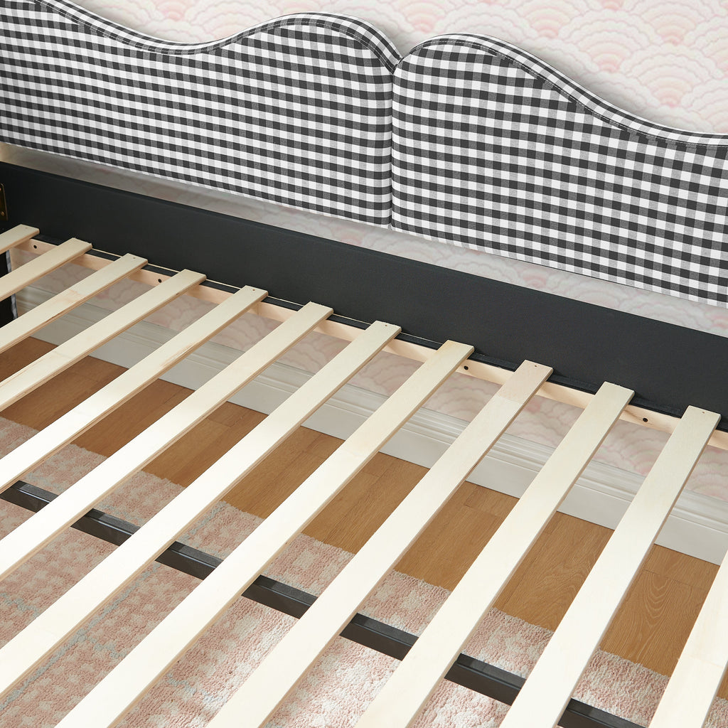 Full‑Size Daybed,Gingham Upholstered Daybed Equipped with Pull-Out Trundle Bed Frame & Side Storage Pocket, Solid Wood Frame Multi-Functional Sofa Bed for Kids Room & Guest Bedroom-PINK