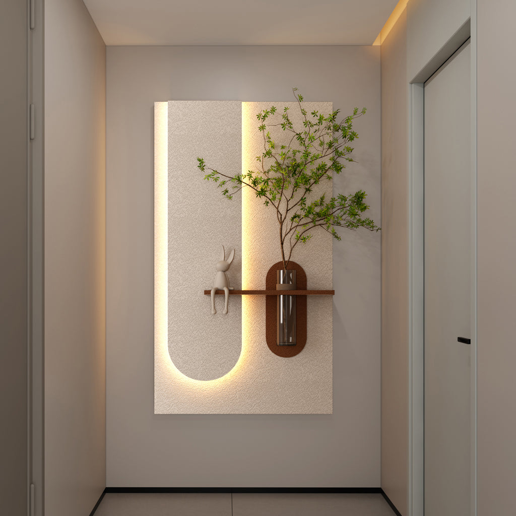 Adjustable 3-Color LED Sandstone Wall Decor with Simulated Green Plants - 3D Art Sculpture, Glass Vase & Rabbit Statue, Remote Control Light Strips for Living Room, Bedroom, Hallway