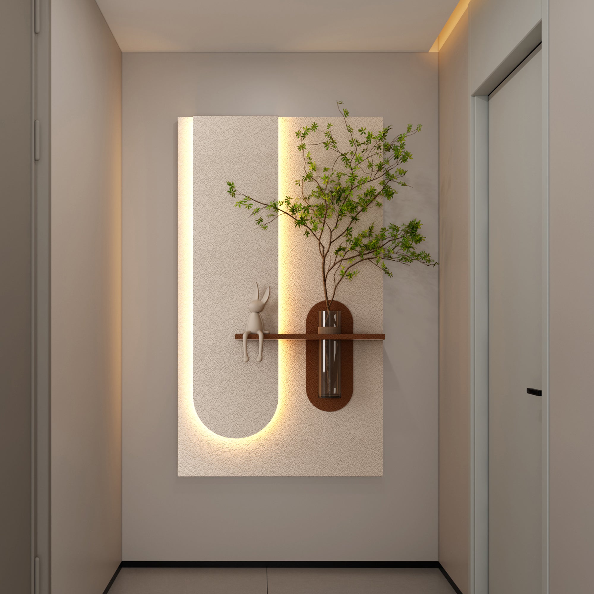 Adjustable 3-Color LED Sandstone Wall Decor with Simulated Green Plants - 3D Art Sculpture, Glass Vase & Rabbit Statue, Remote Control Light Strips for Living Room, Bedroom, Hallway