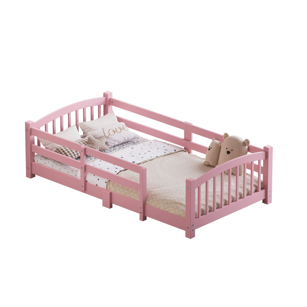 Twin Montessori Floor Bed with Slats and Safety Guardrails, Solid Wood Floor Bed with Fence and Without Door, Easy Assemble Montessori Bed for Girls and Boys, Gray