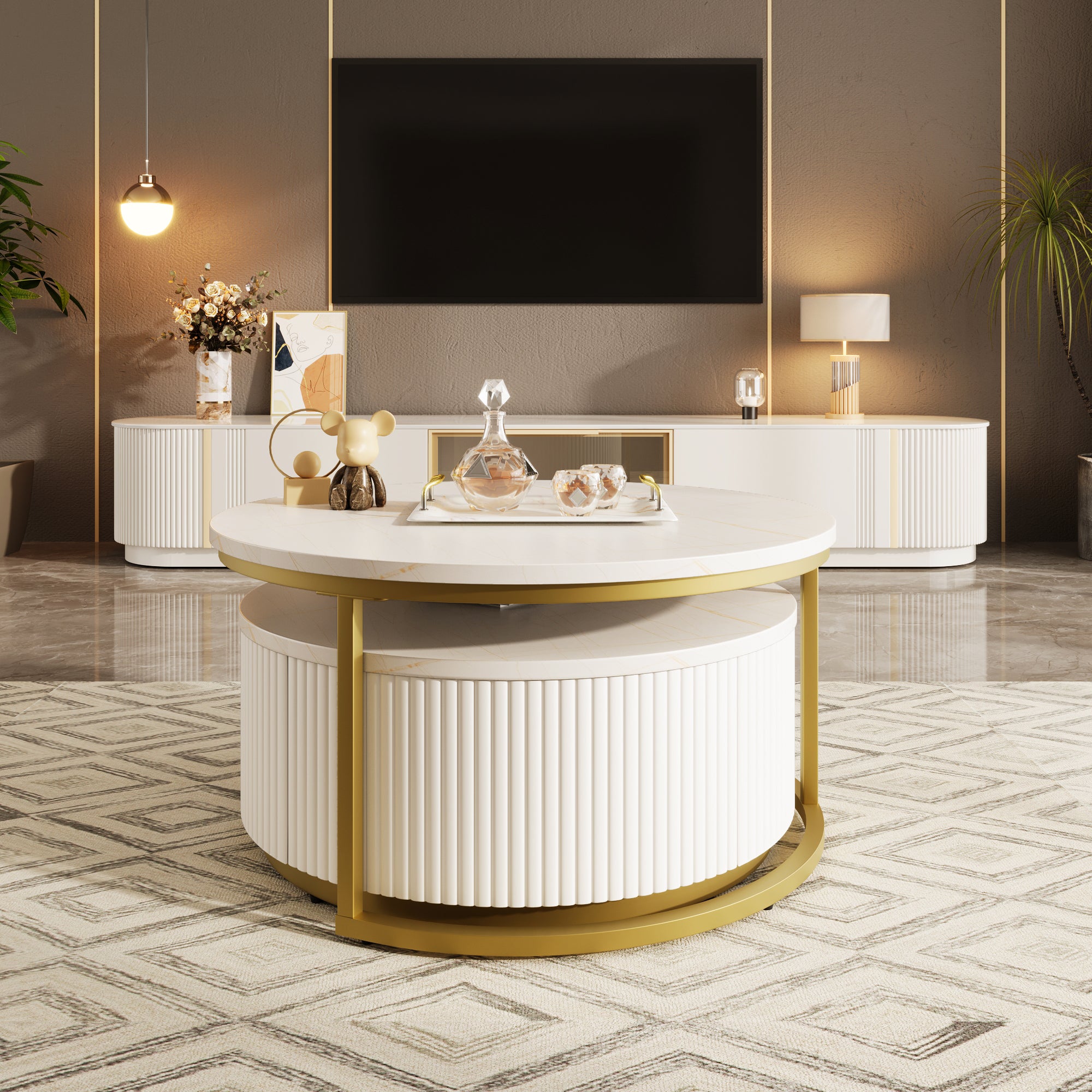 White MDF top round coffee table with gold accents