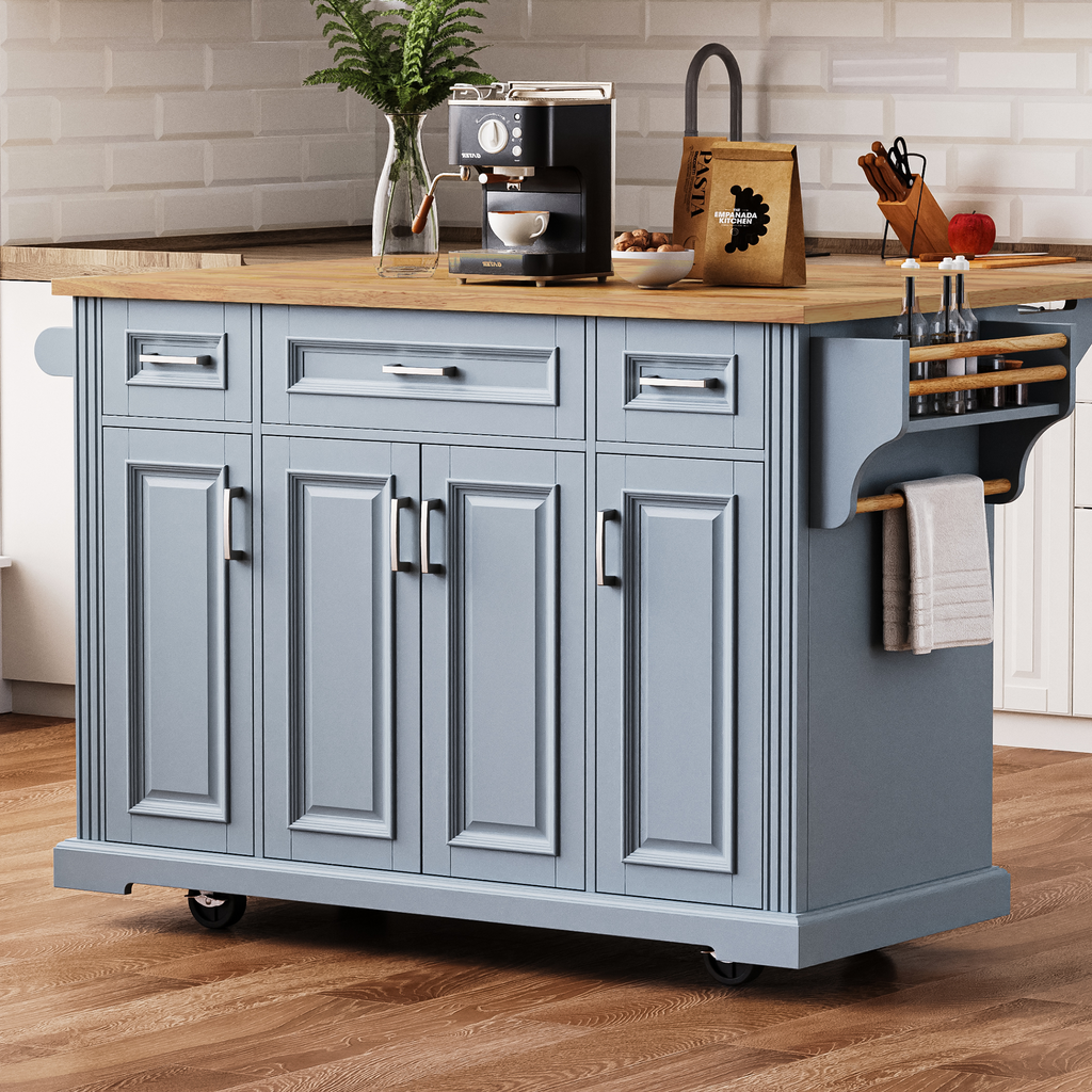 K&K 54inch Large Kitchen Island with Rubber Wood Drop Leaf, Embossed Texture Rolling Kitchen Cart on 4 Wheels with 4 Doors and 3 Drawers, Kitchen Island with Storage for Kitchen, Dining Room,Black