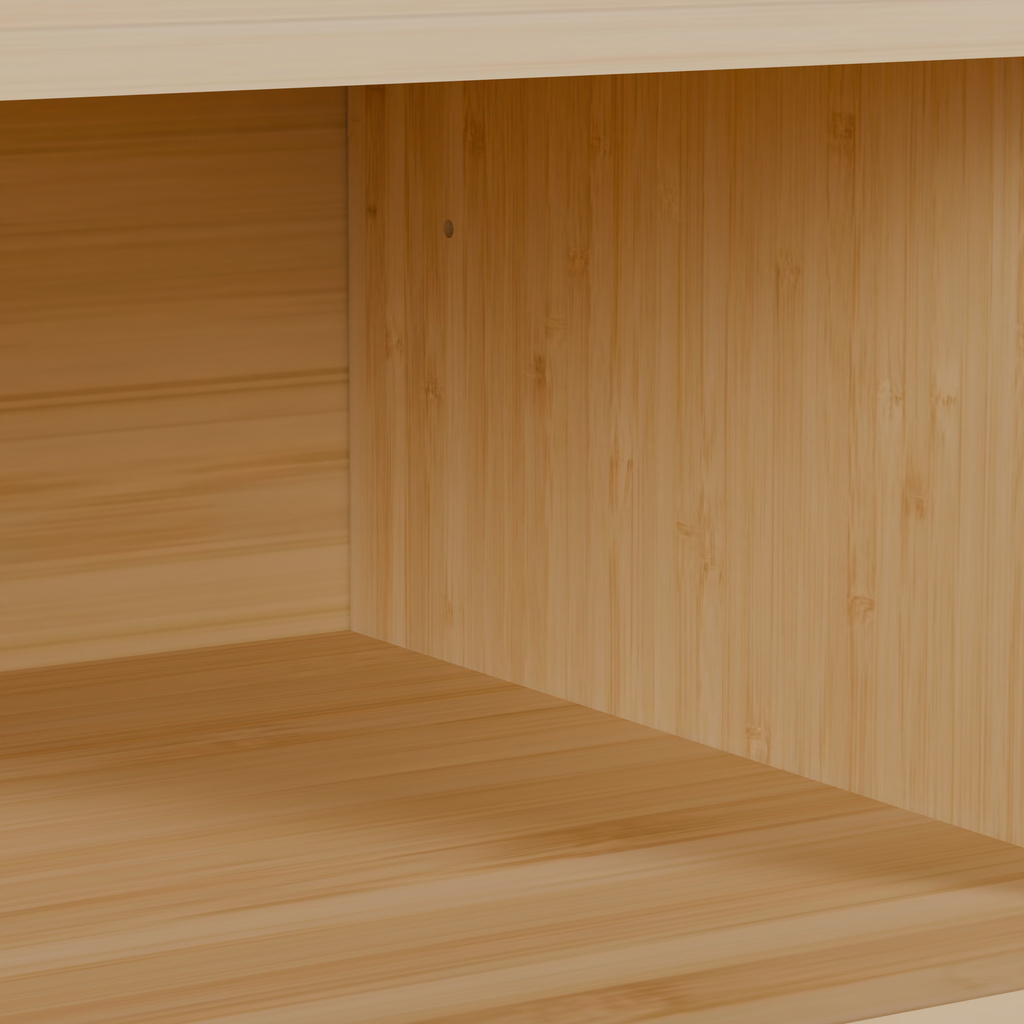 Natural bamboo media console doors open interior view