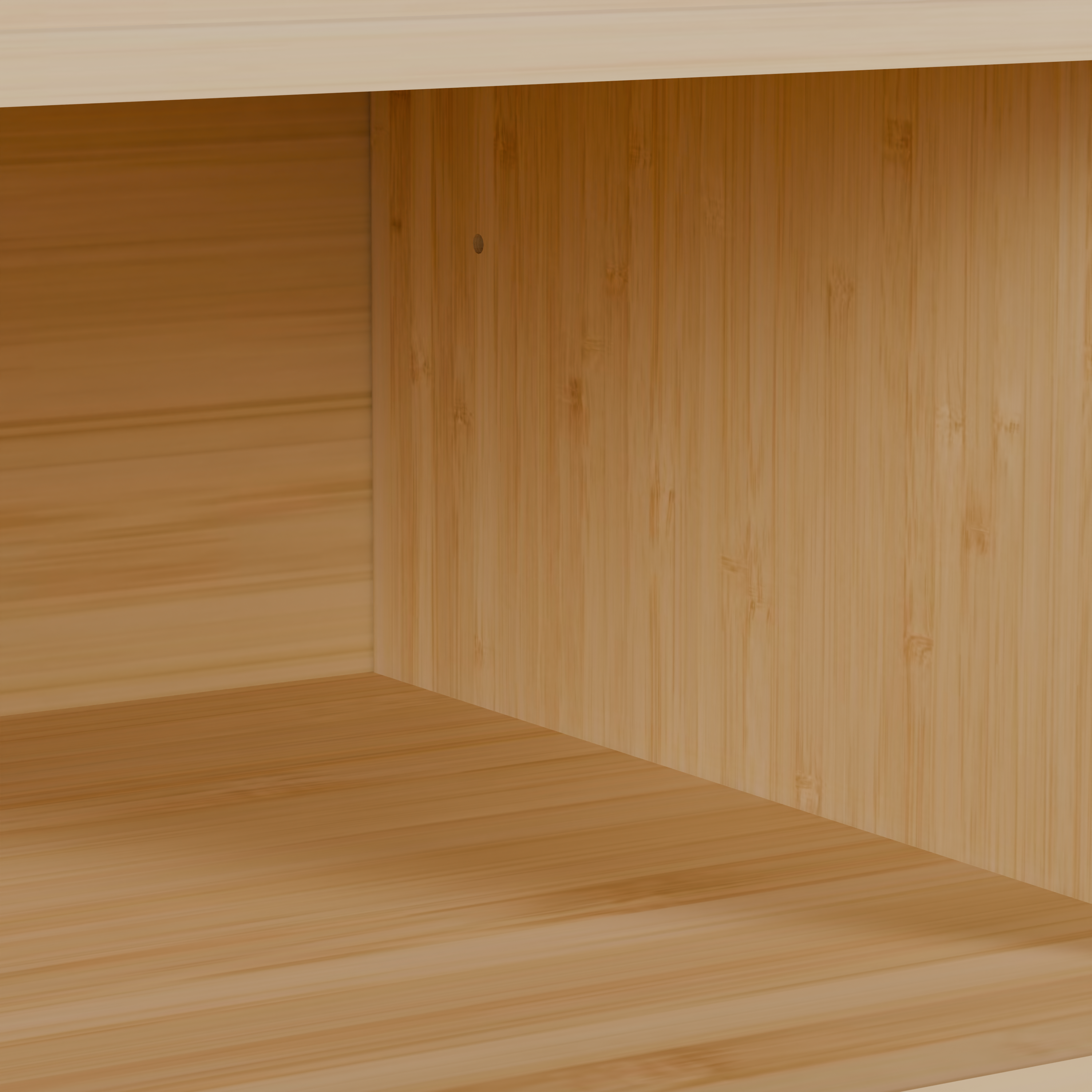 Natural bamboo media console doors open interior view