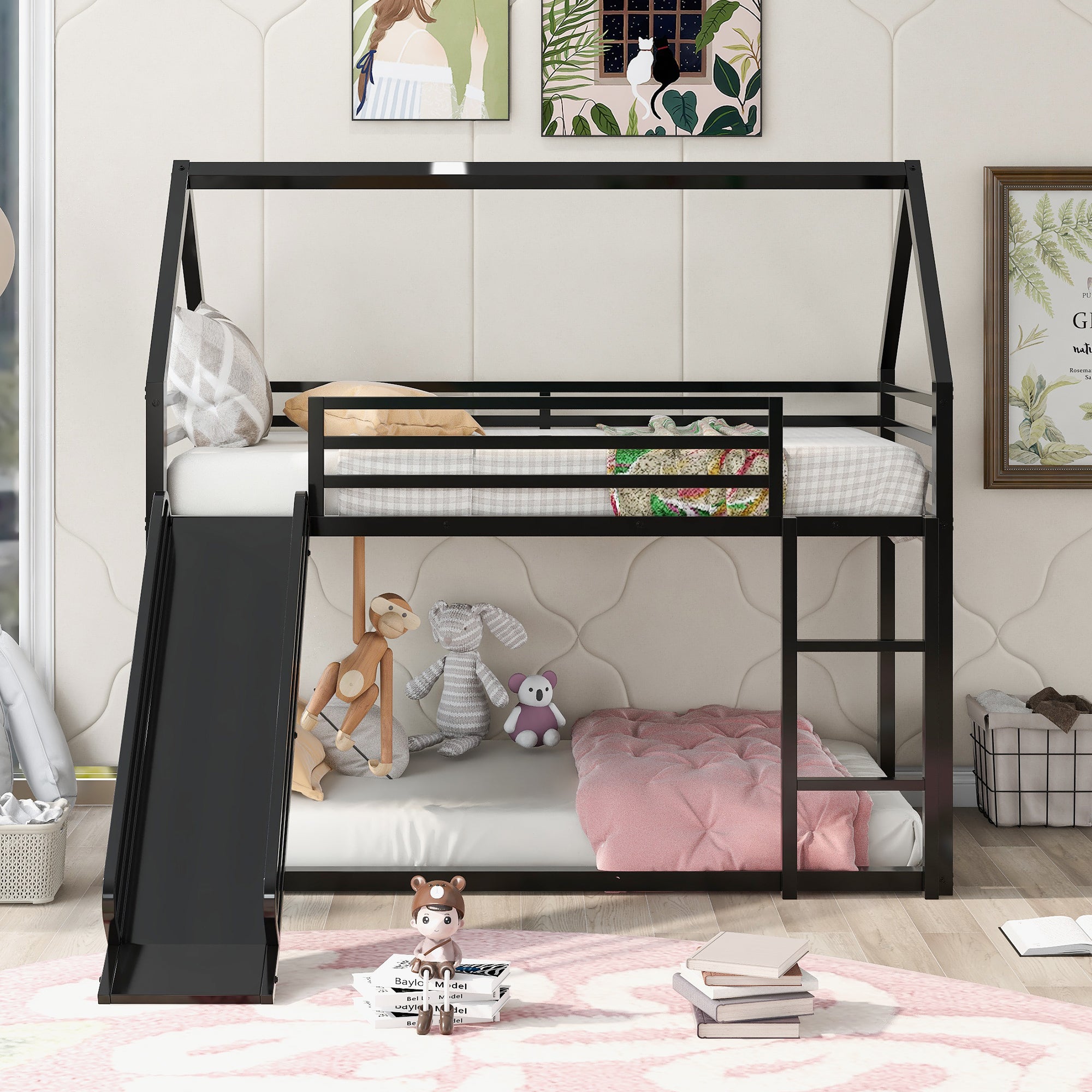 Twin-over-Twin House Bunk Bed with Slide & Ladder — Metal Frame