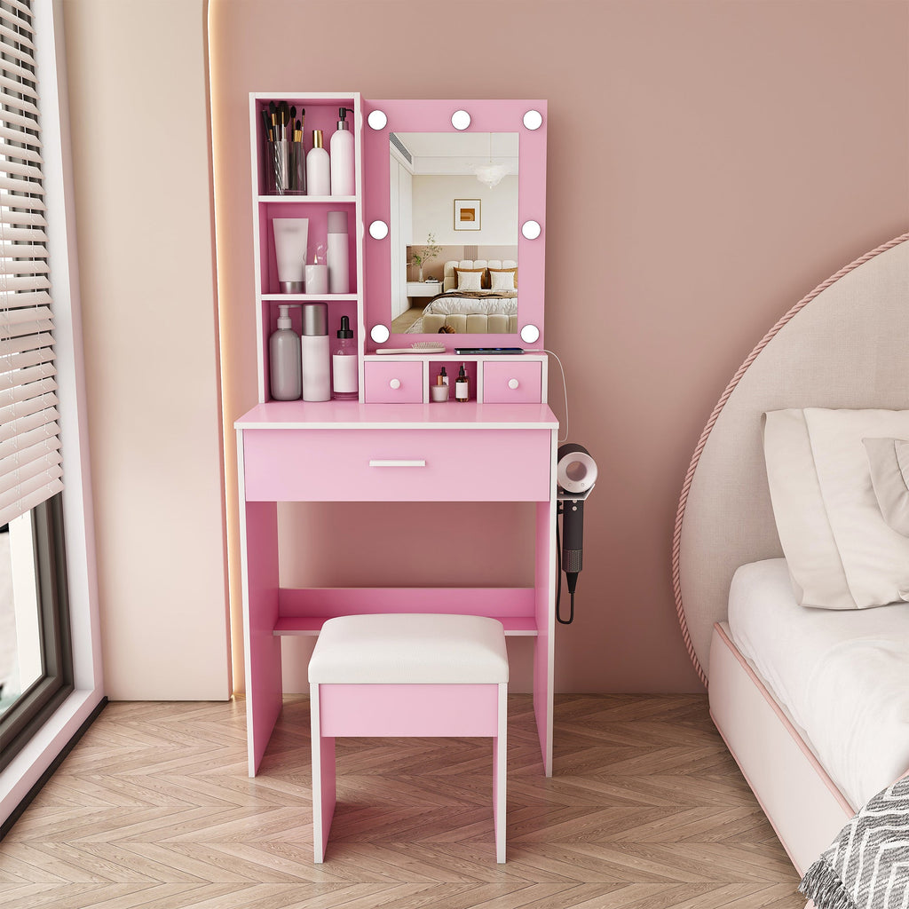 Vanity Table with Mirror, Adjustable LED Lights, Power Outlet, Hairdryer Holder & Stool – Compact Dressing Desk for Small Bedrooms