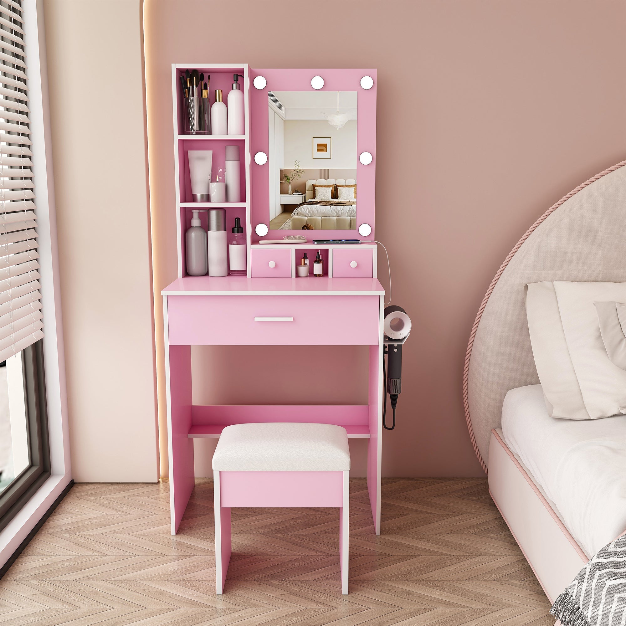 Vanity Table with Mirror, Adjustable LED Lights, Power Outlet, Hairdryer Holder & Stool – Compact Dressing Desk for Small Bedrooms