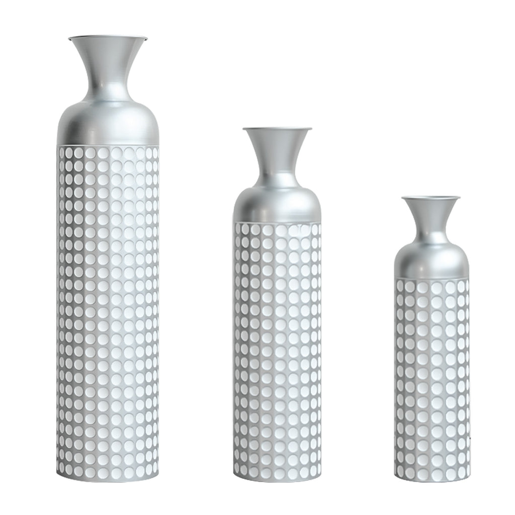 3 Pack Silver Metal Vase Set, Nested Semi-Handcrafted Embossed Vases, Modern Decorative Centerpieces for Home, Floor, Living Room, Fireplace, Not Waterproof