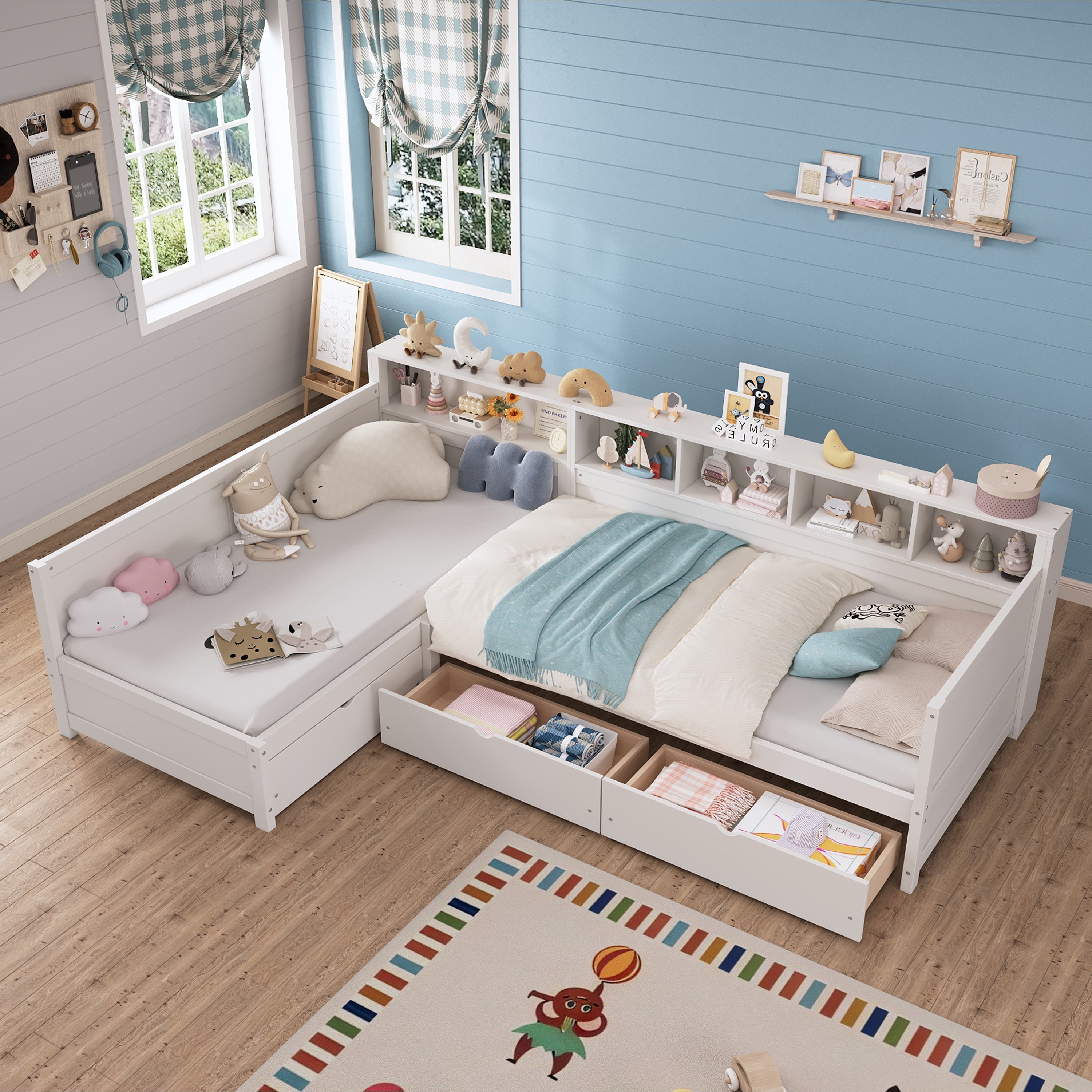 Twin Size Day Bed for 2, L- Shape Twin Size Bed Frame with Storage 3 Drawers, Wooden Corner Bed with Bookshelf, Corner Bed Frame For Bedroom, Living Room,Grey