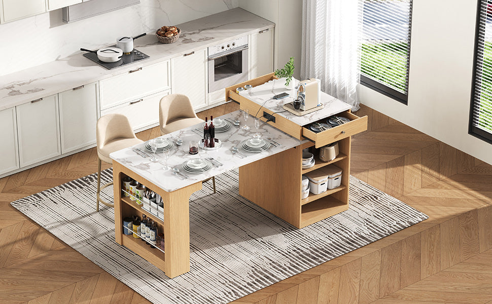 K&K 59.5' Kitchen Island with Extendable Dining Table, Kitchen Storage Table with Double-sided Storage, Kitchen Island with 2 Drawers, Power Outlet, Side Open Shelves, for Kitchen, Dining Room, Black