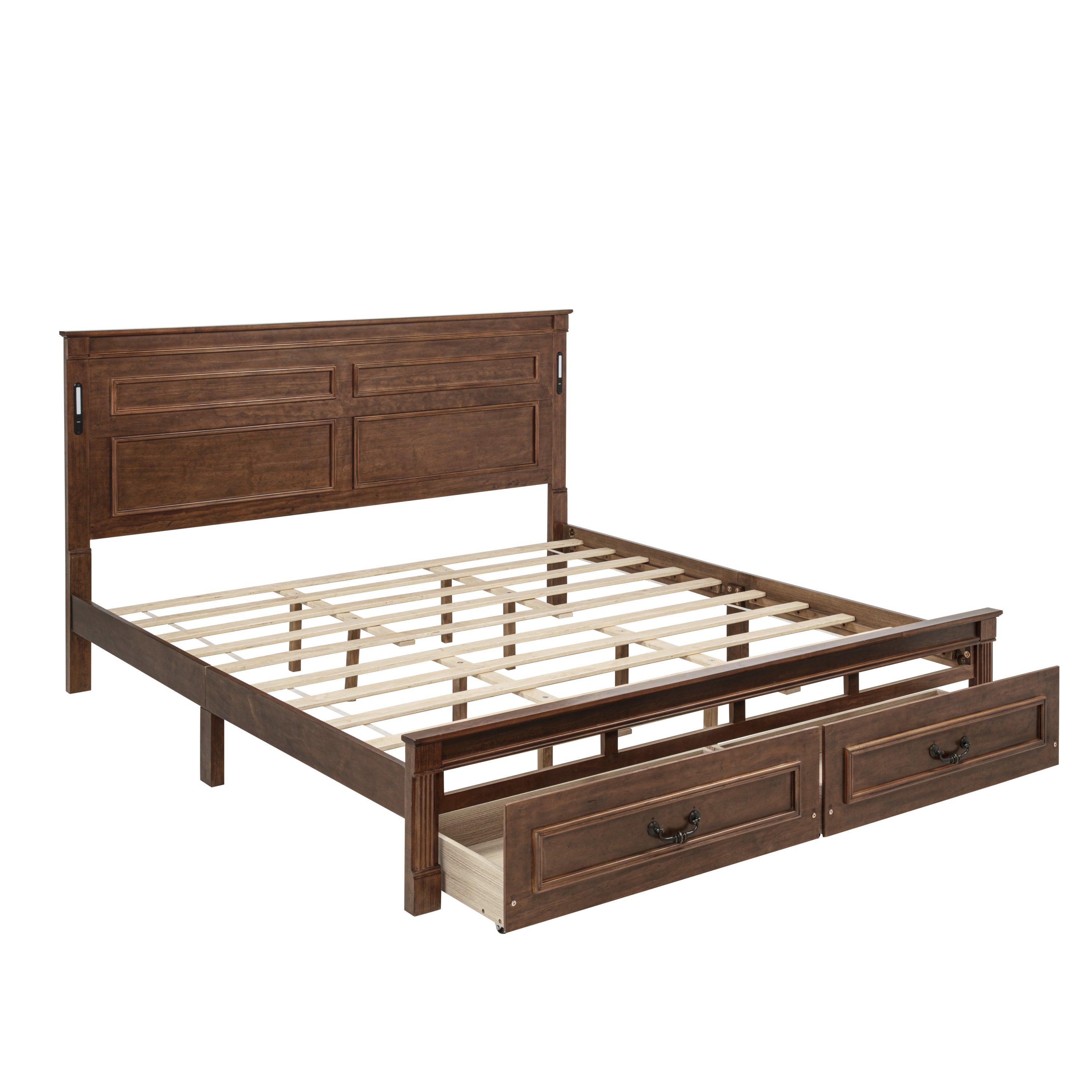 King Size Bed with Tall-Panel Headboard & Footboard, 2 Storage Drawers, Built-in LED Lights, USB Charging Station, Pinewood Bed with Strengthened Bed Frame ,White